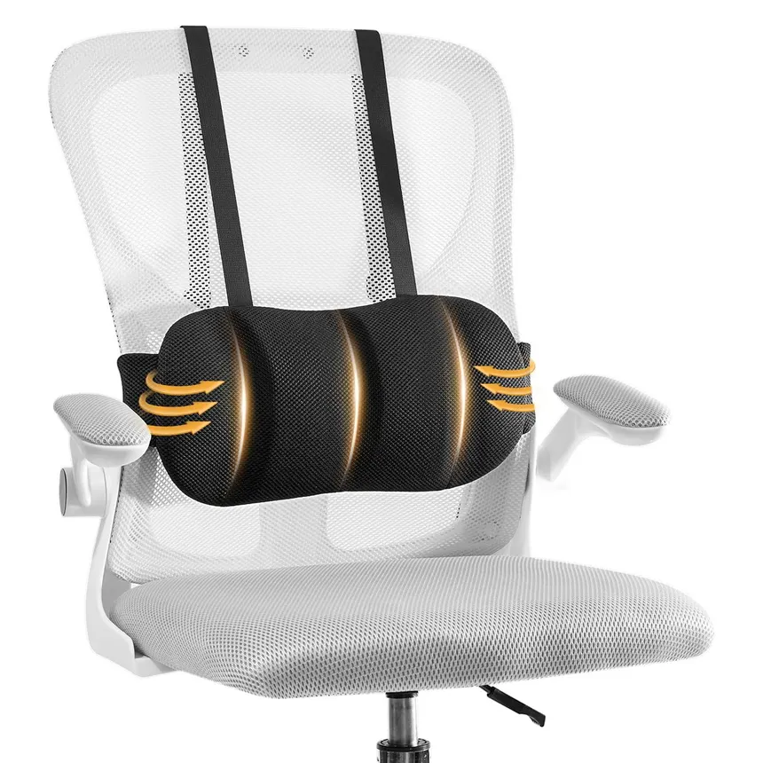 A mesh office chair with a built-in adjustable lumbar support.