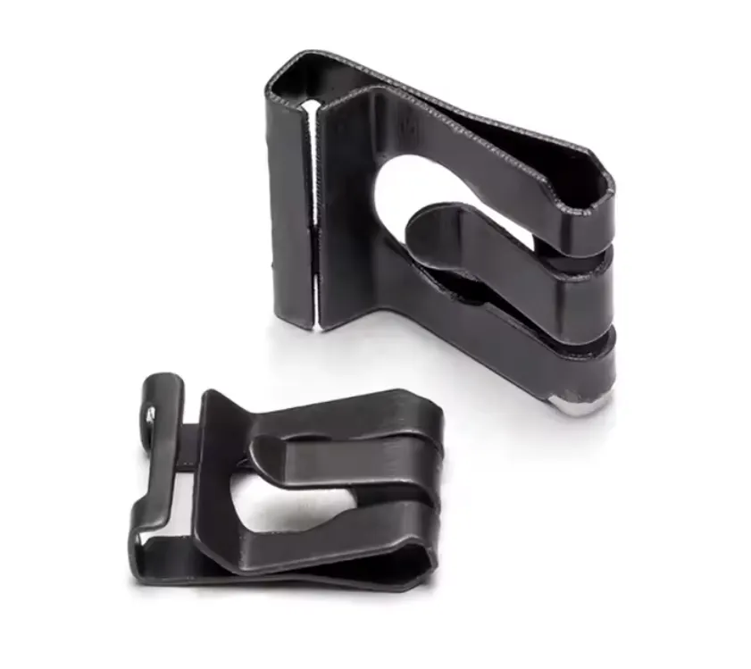 A small black metal retaining clip for a gas lift cylinder.