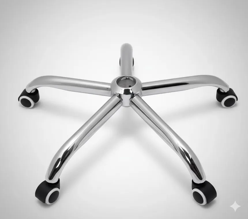 A chrome five-pointed star wheelbase with casters fitted, standing on a floor.